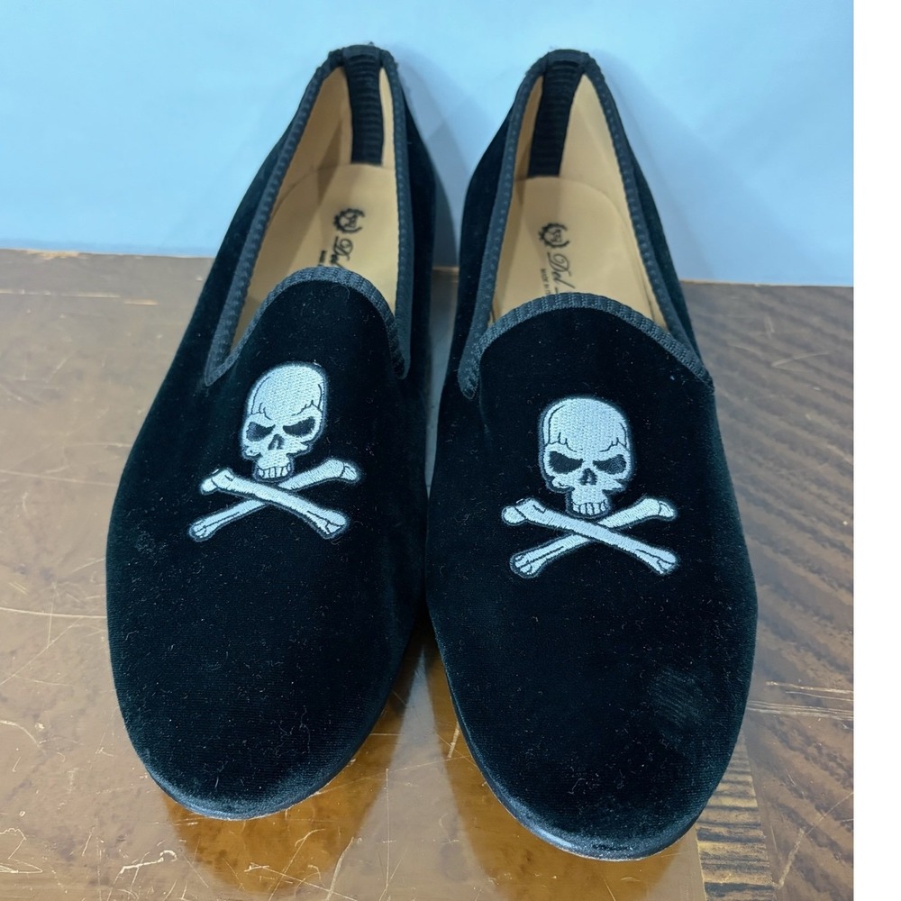 Del Toro Black Velvet Skull & Bones Crossbones Loafers Mens 12 Made In Italy
